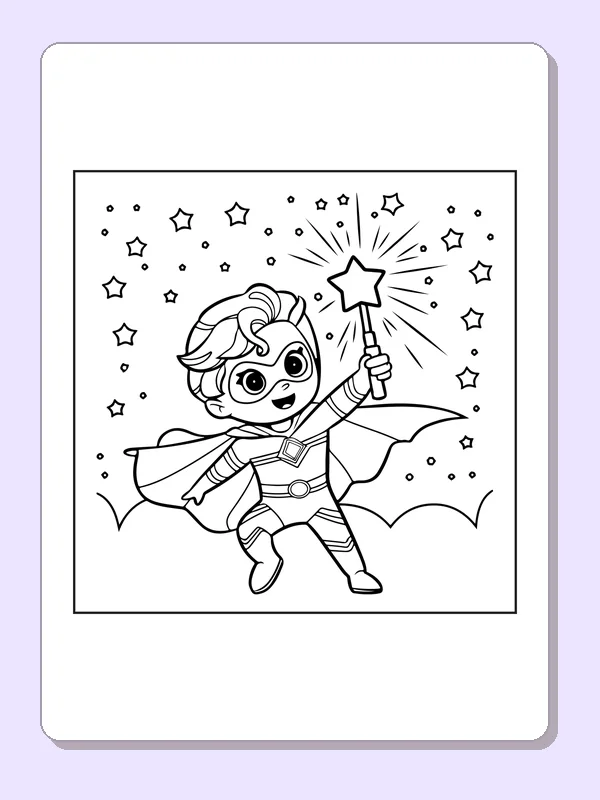 Black and white superhero coloring page: a caped child lifts a glowing star wand among smaller stars