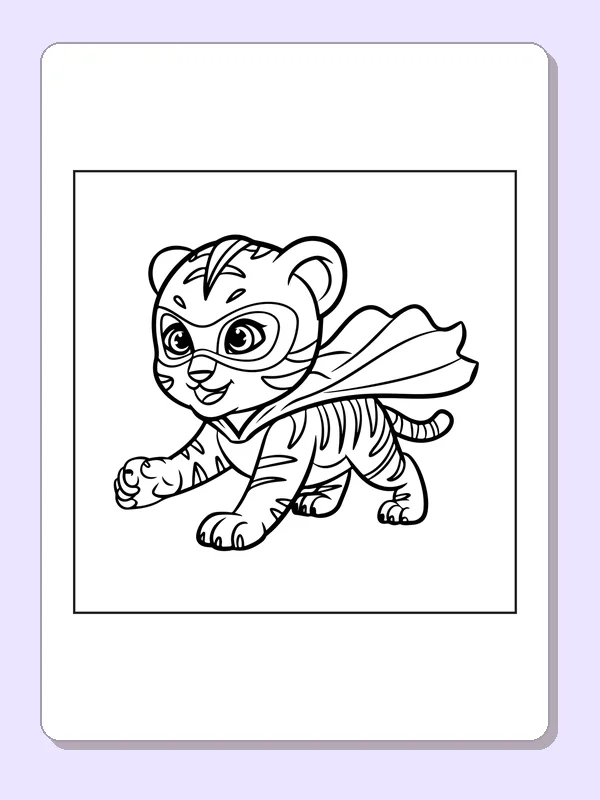Black and white superhero coloring page: a masked tiger crouches in a rippling cape
