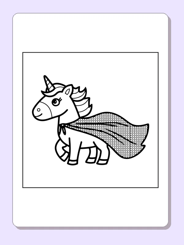 Black and white superhero coloring page: a unicorn stands with a dotted cape blowing behind its mane