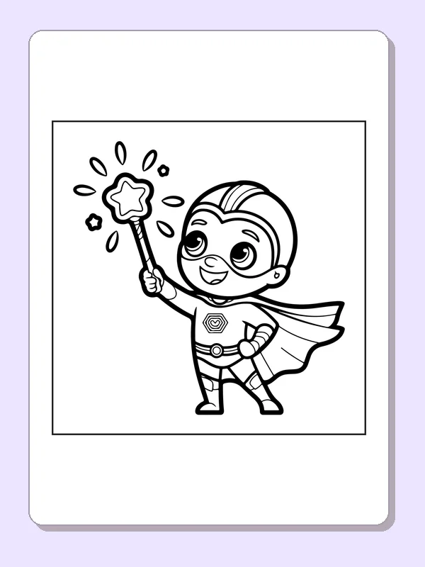 Black and white superhero coloring page: a child in a helmet and cape lifts a star wand overhead