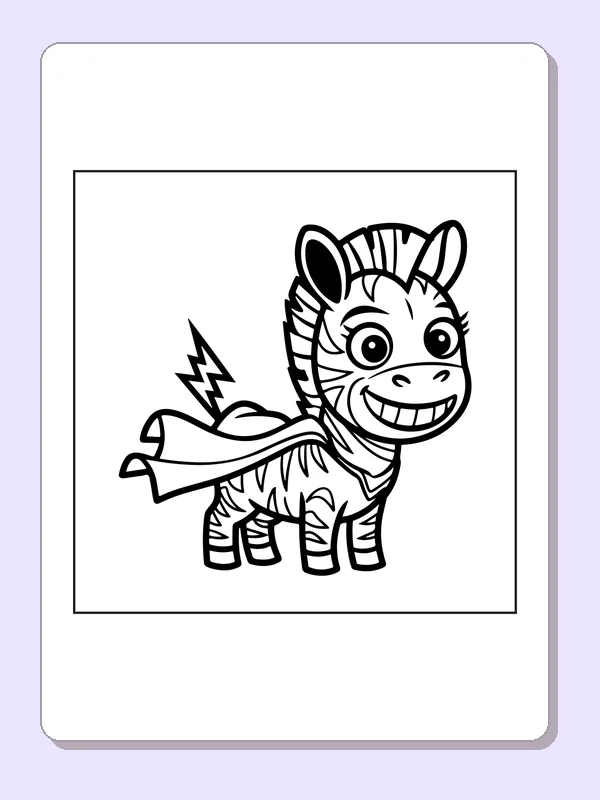 Black and white superhero coloring page: a smiling zebra wears a cape while a lightning shape trails from its tail