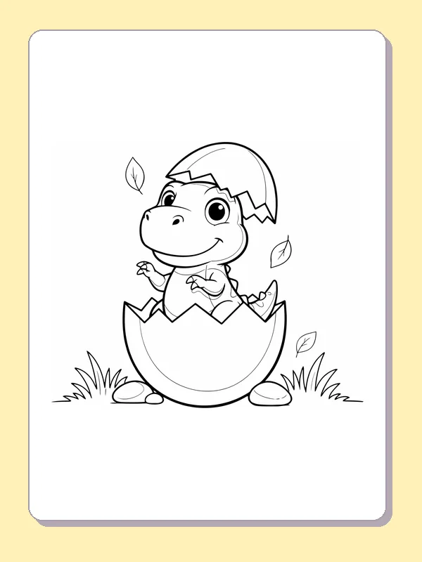 Baby T. rex peeking from cracked egg with leaves, black-and-white line art