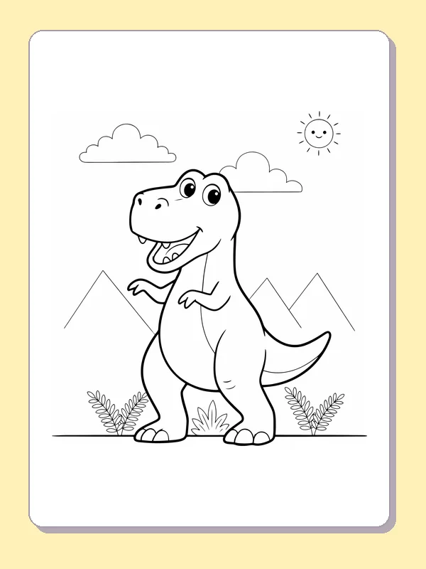 Large happy T. rex beneath sun with mountains and ferns, black-and-white line art