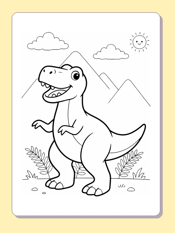 Smiling T. rex near pointed peaks and ferns, black-and-white line art