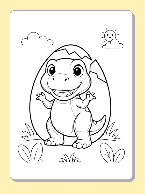 Baby T. rex before tall cracked shell under sunny sky, black-and-white line art