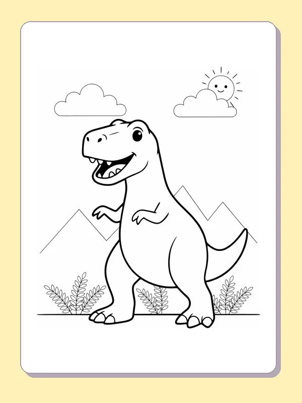 Tall smiling T. rex below clouds and sun, black-and-white line art