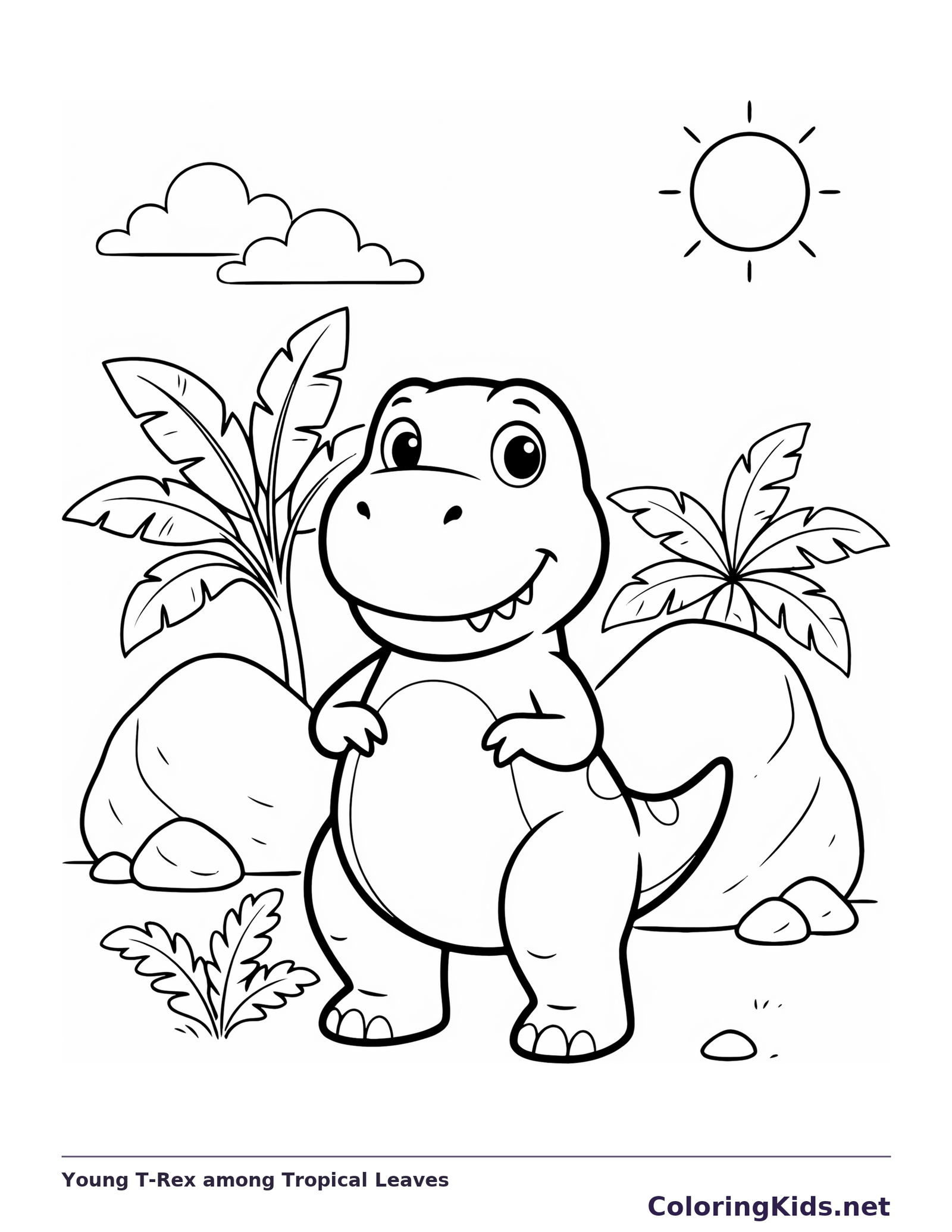 Young T. rex among tropical leaves and rocks, black-and-white line art