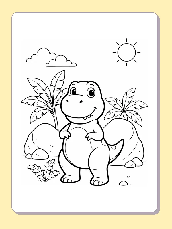 Young T. rex among tropical leaves and rocks, black-and-white line art