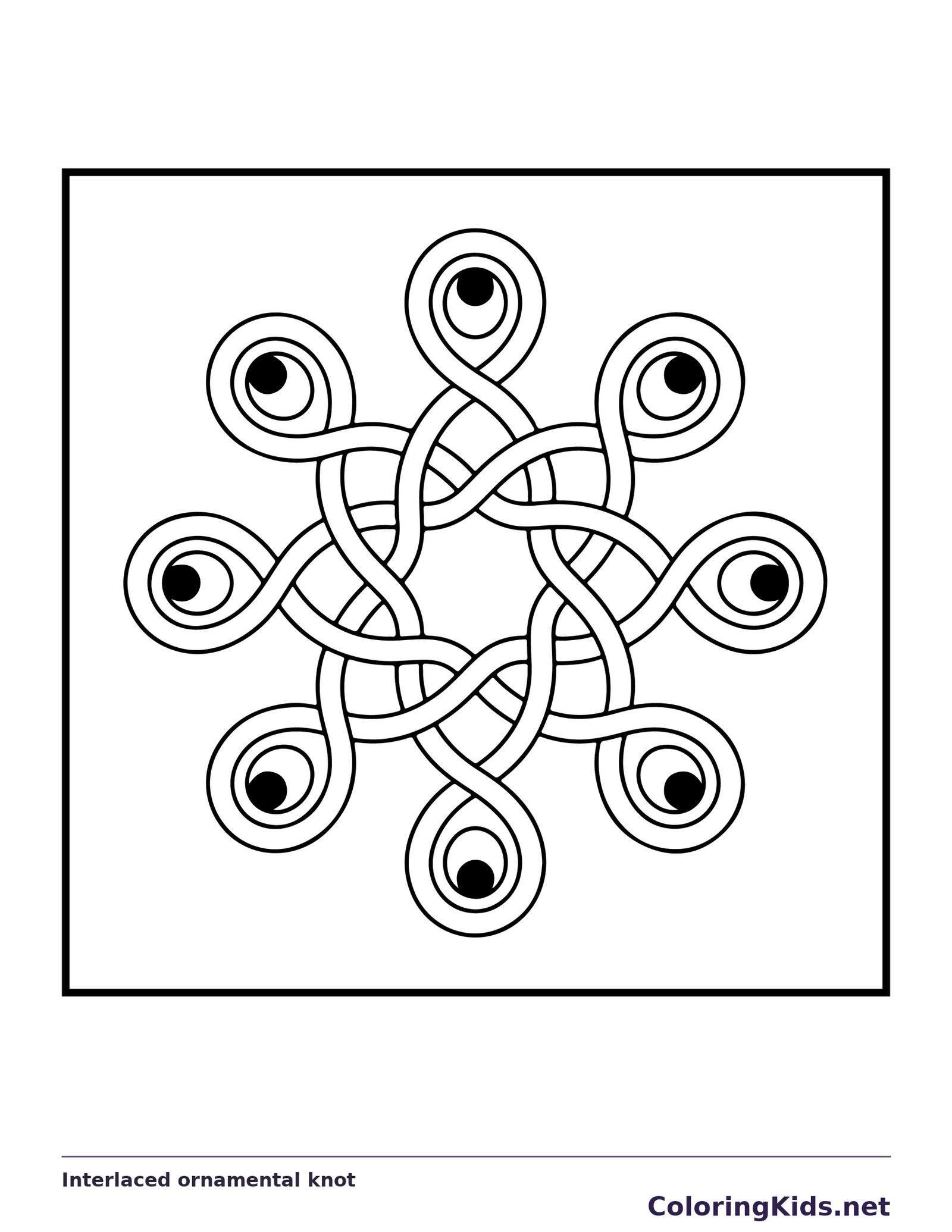 Black and white printable interlaced ornamental knot coloring sheet