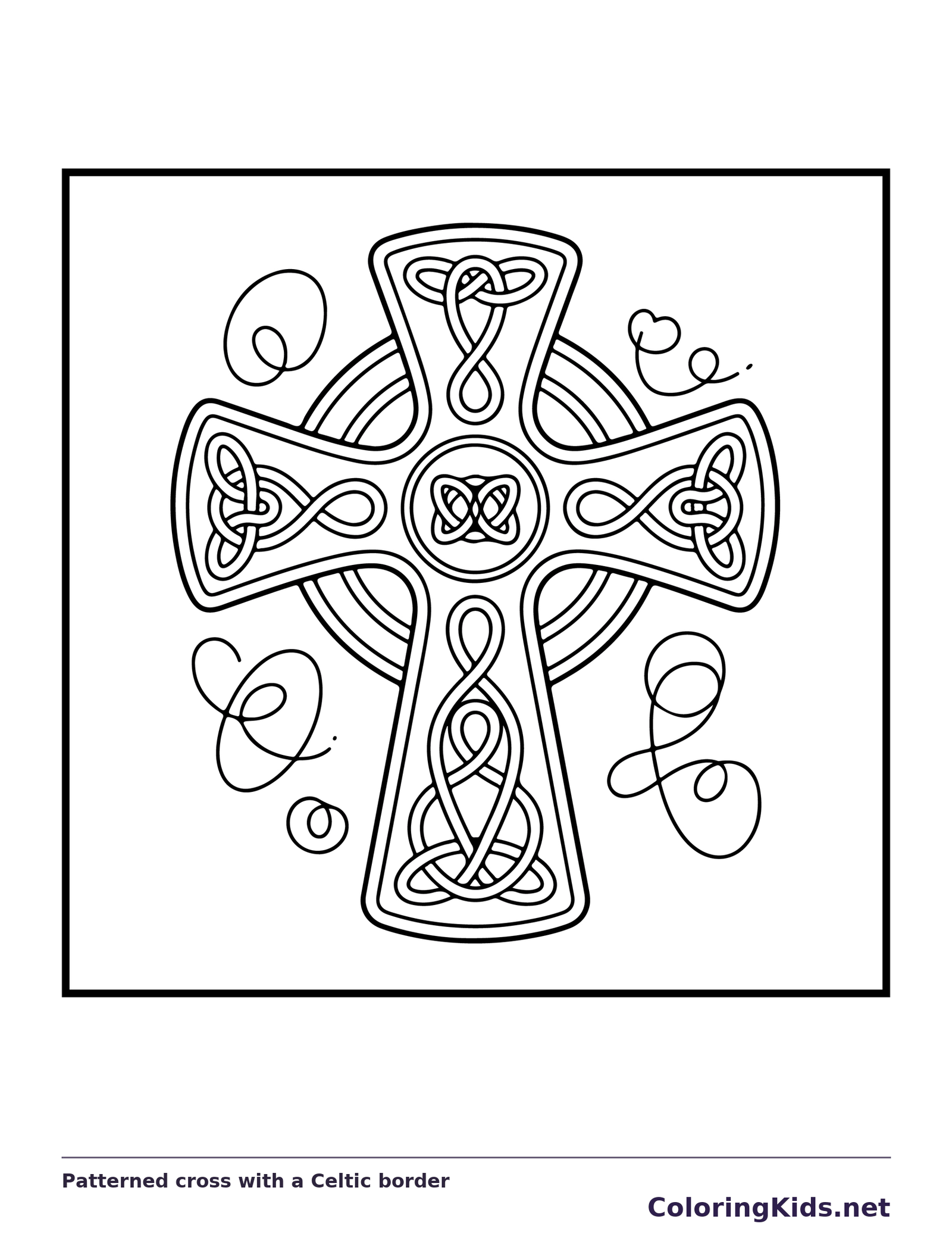 Black and white printable patterned cross with a celtic border coloring sheet