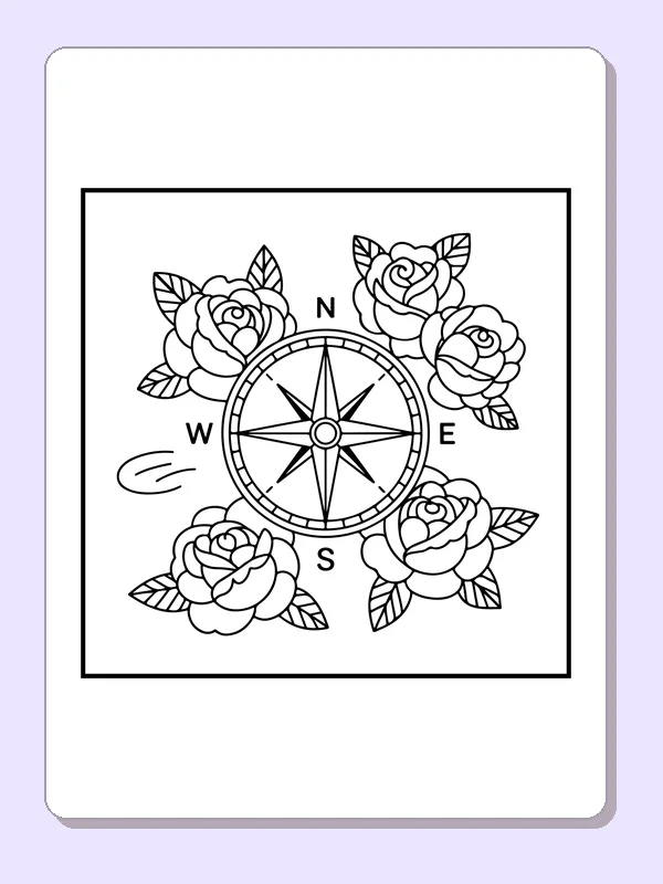 Black and white printable rose compass with four directions coloring sheet