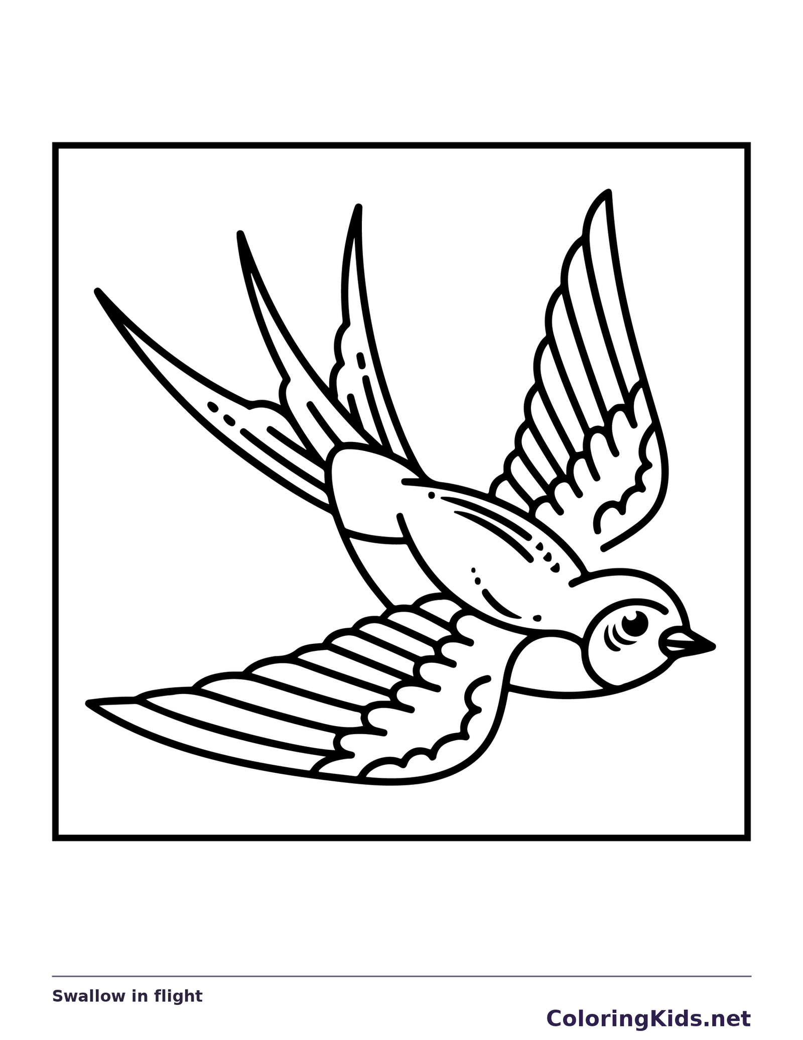Black and white printable swallow in flight coloring sheet