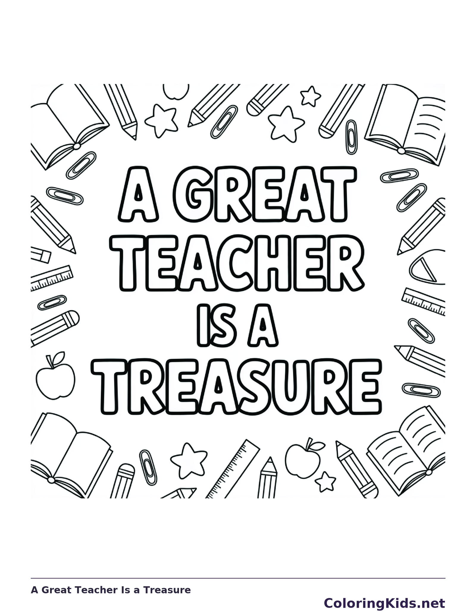 Black and white printable a great teacher is a treasure coloring sheet