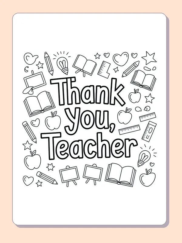 Black and white printable thank you teacher doodles coloring sheet