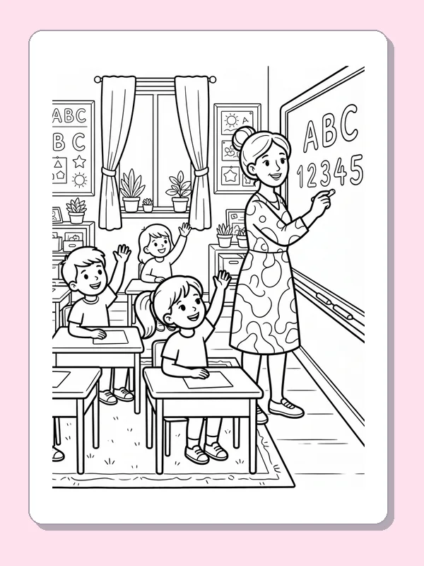 Black and white coloring page of a teacher pointing to ABC and 123 on the board as students watch