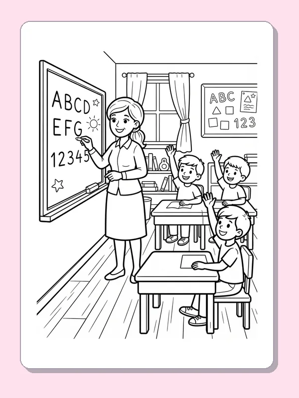 Teacher pointing to letters and numbers while students sit at desks