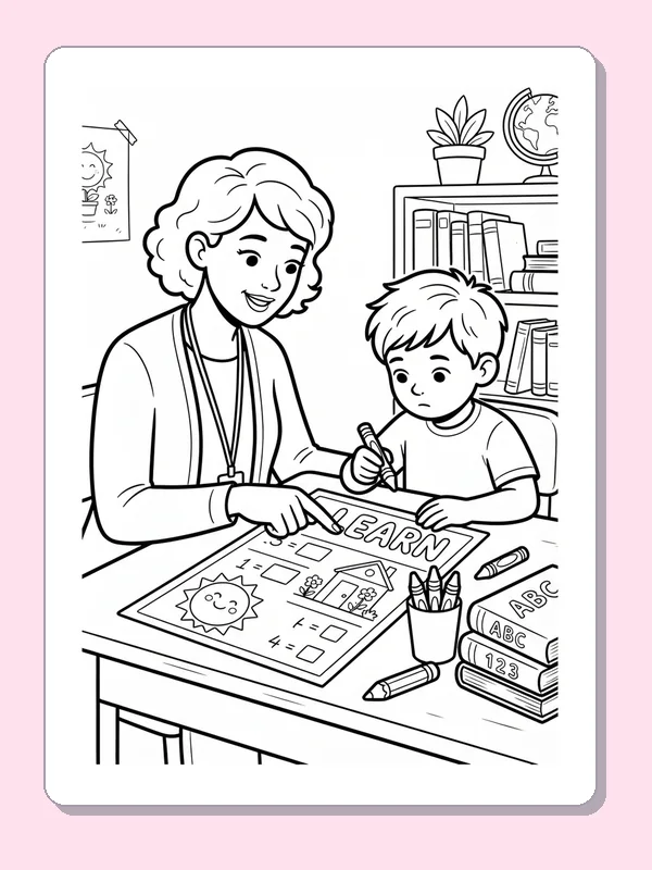 Teacher helping student with a worksheet at a classroom table