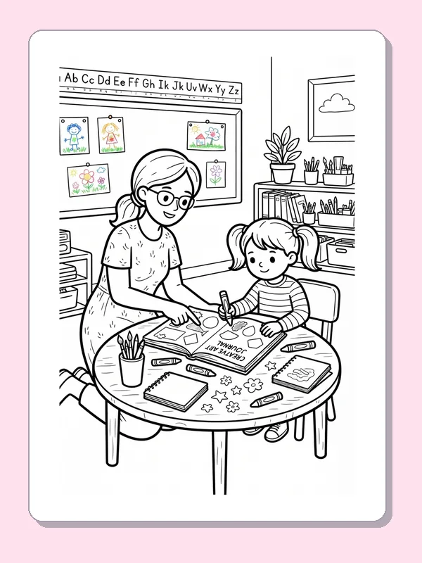 Teacher helping student draw at a table with crayons