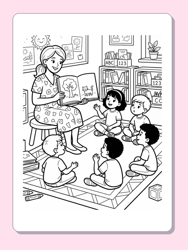 Black and white coloring page of a teacher reading an open book to children seated in a circle