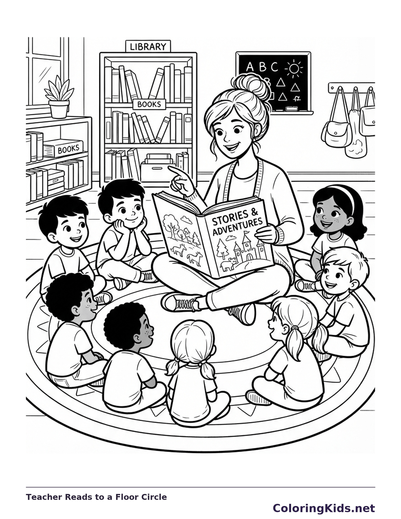 Teacher reading open book to children in a floor circle