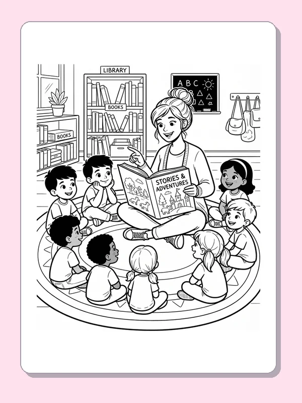 Teacher reading open book to children in a floor circle