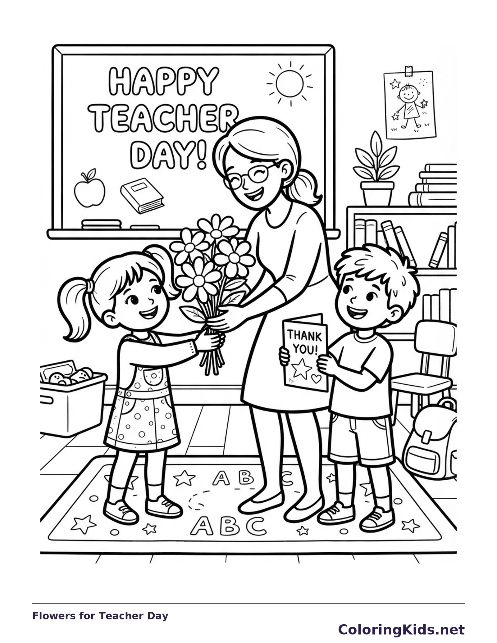 Two children giving flowers and a card to their teacher