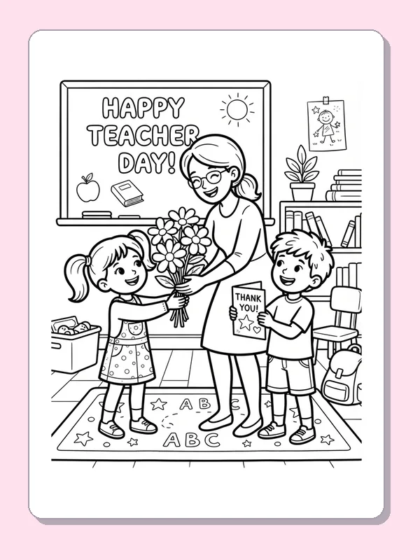 Two children giving flowers and a card to their teacher