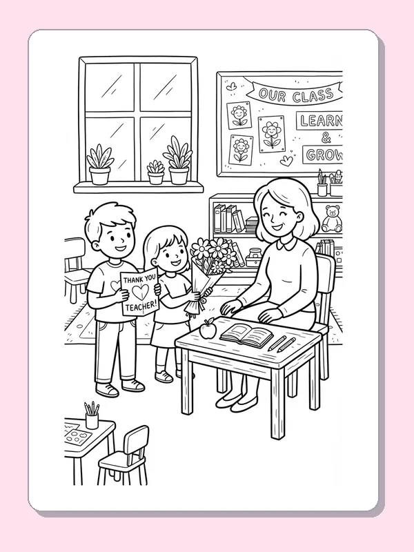 Black and white coloring page of students bringing a thank you card to their teacher beside an open book