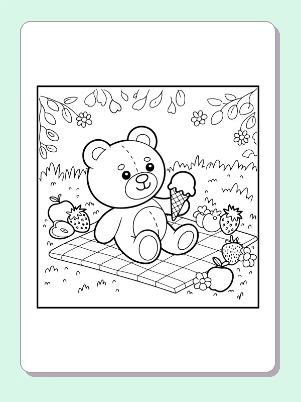 Teddy bear with ice cream cone on picnic blanket surrounded by fruit
