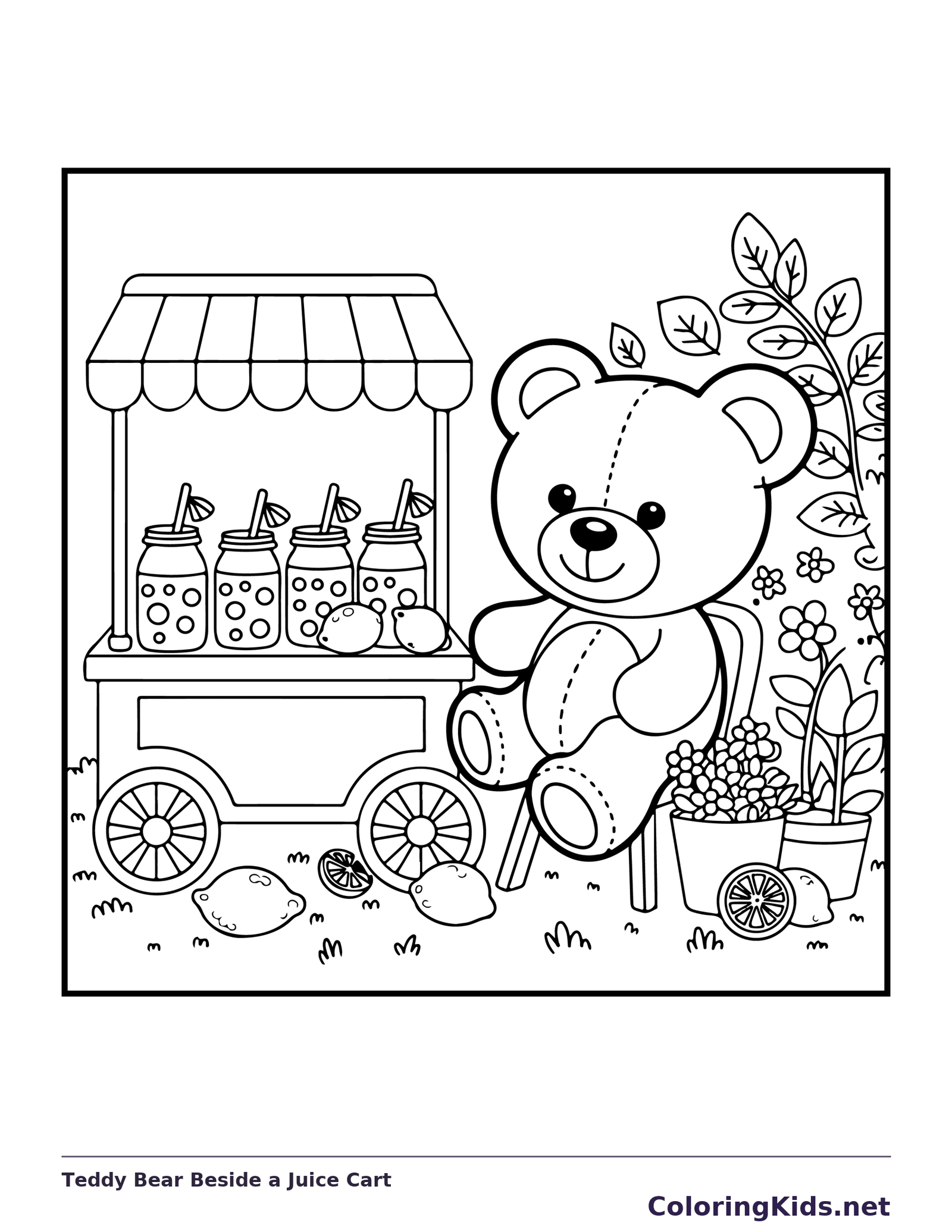 Teddy bear beside wheeled juice cart with jars, straws and citrus fruit