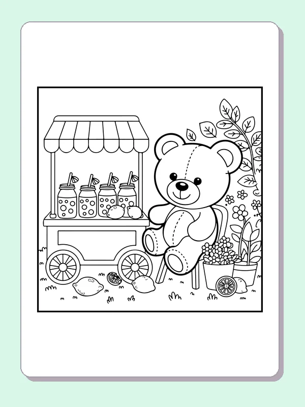 Teddy bear beside wheeled juice cart with jars, straws and citrus fruit