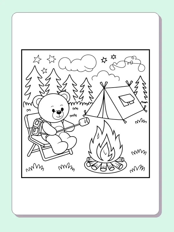Teddy bear in camping chair beside fire, tent and pine trees