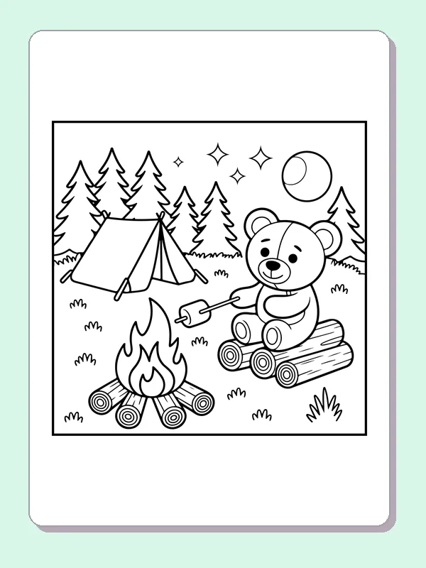 Teddy bear roasting by campfire with tent, pines and night sky