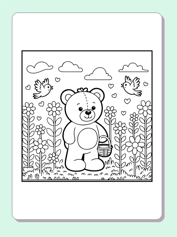 Teddy bear carrying basket in a field of flowers with birds overhead