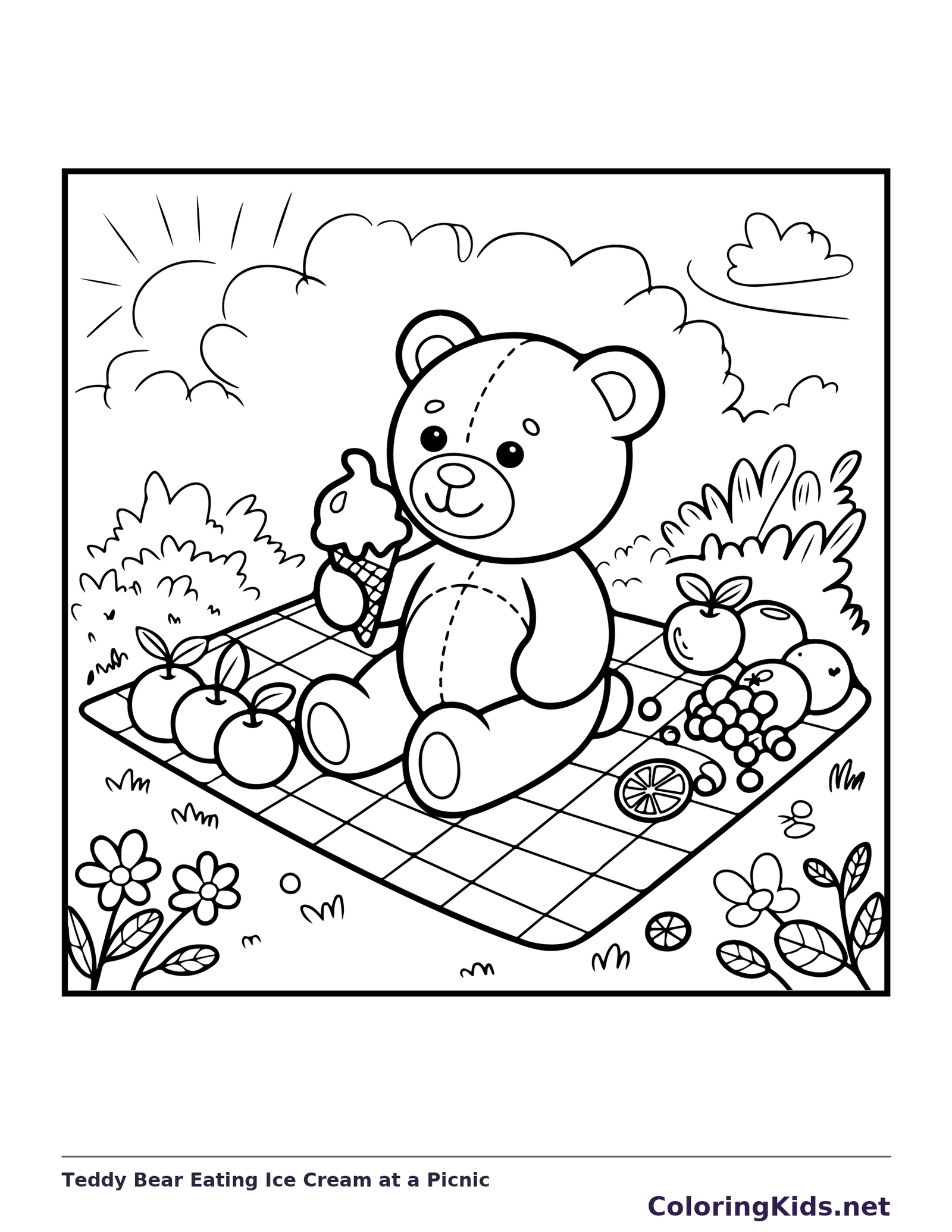 Teddy bear eating ice cream on picnic blanket with fruit and flowers