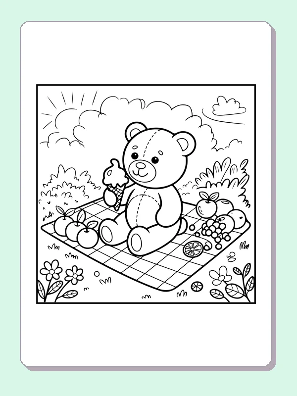 Teddy bear eating ice cream on picnic blanket with fruit and flowers