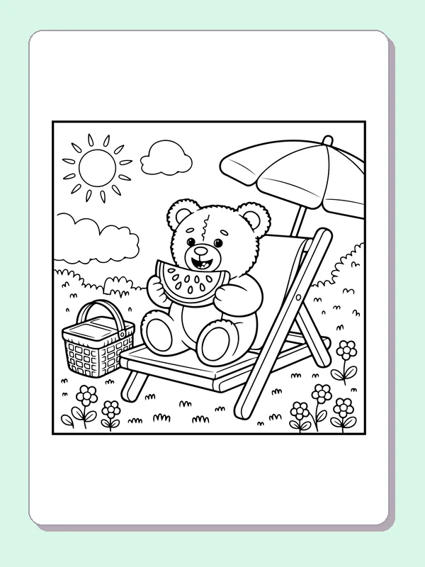 Teddy bear eating watermelon on beach chair beside umbrella and picnic basket