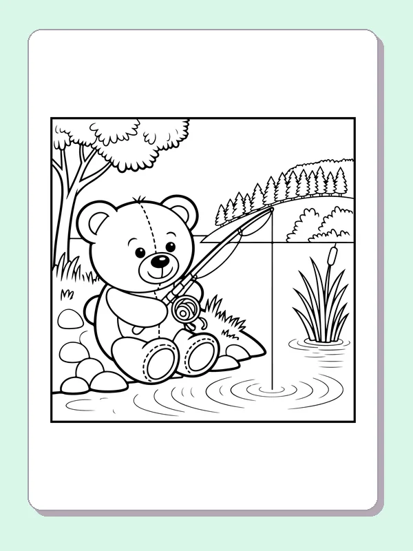 Teddy bear fishing from riverbank stones with trees and water ripples