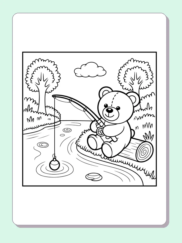 Teddy bear fishing on a riverside log with trees and rippling water