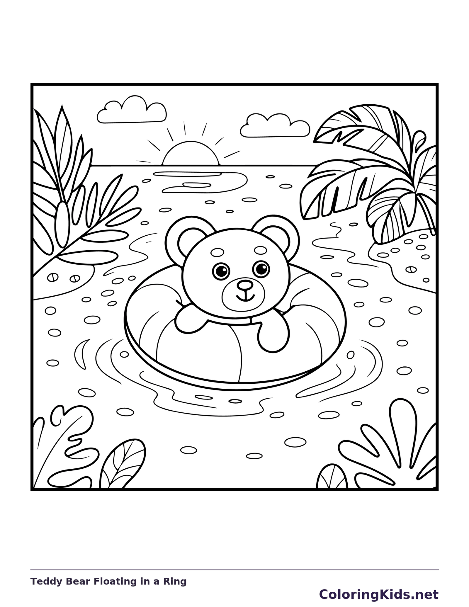 Teddy bear floating in swim ring with tropical foliage and sunset