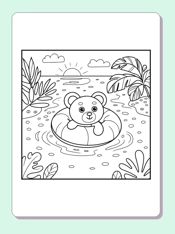 Teddy bear floating in swim ring with tropical foliage and sunset