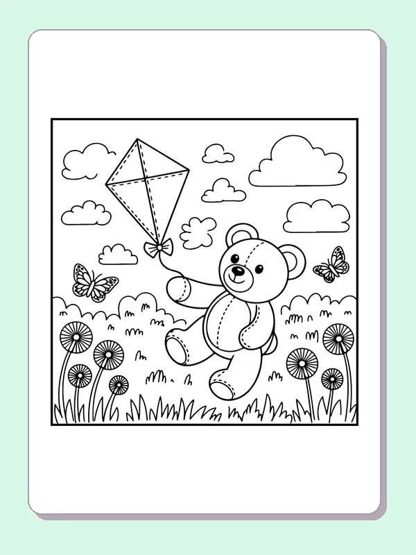 Teddy bear running with diamond kite between tall flowers and clouds