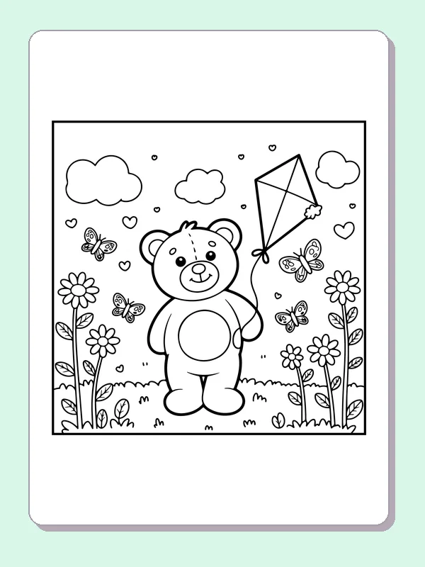 Standing teddy bear holding diamond kite among flowers, butterflies and hearts