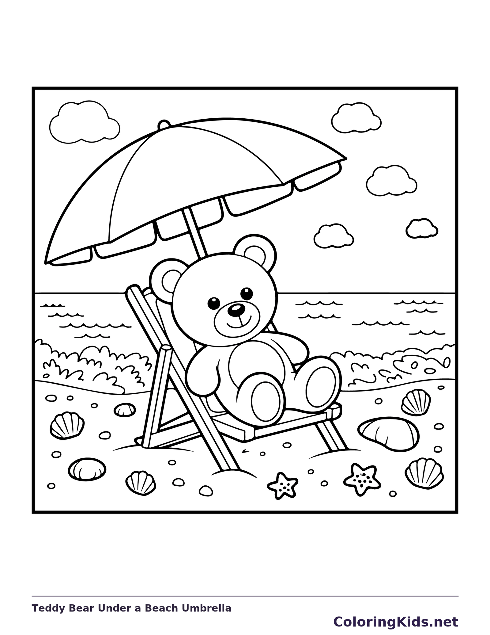 Teddy bear on a beach chair beneath umbrella with shells and starfish