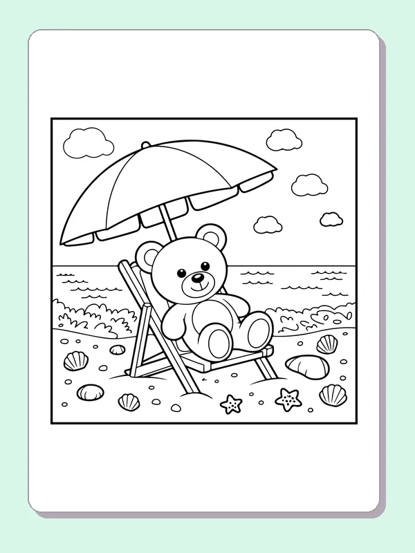 Teddy bear on a beach chair beneath umbrella with shells and starfish