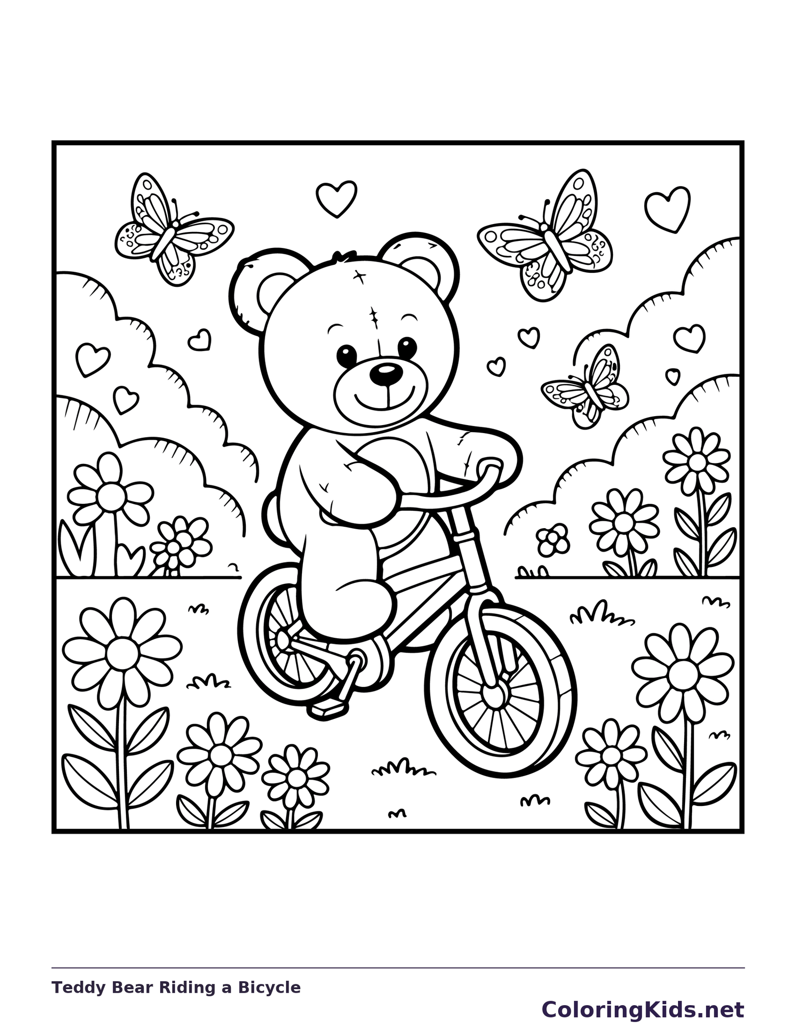 Teddy bear riding bicycle among flowers, butterflies and hearts