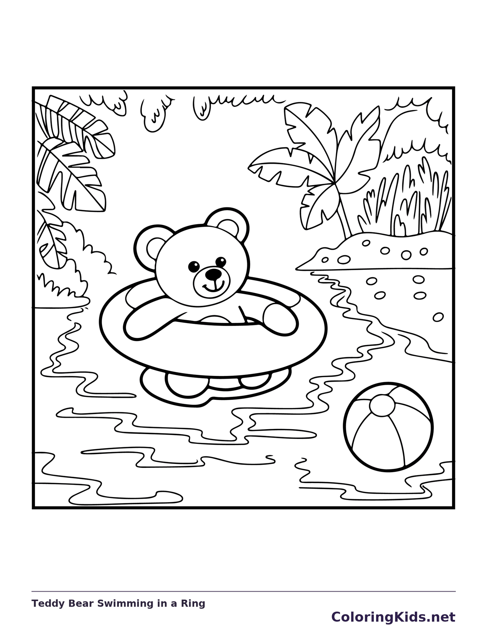 Teddy bear floating in ring in winding pool with leaves and beach ball