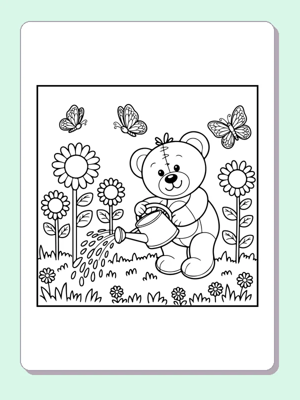 Seated teddy bear watering daisies in a garden with butterflies
