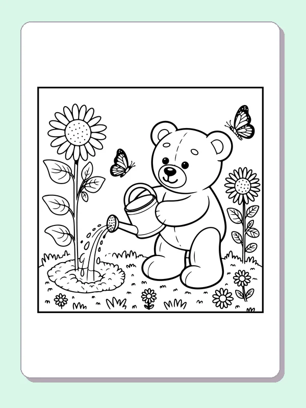 Teddy bear watering a tall sunflower with butterfly and small flowers