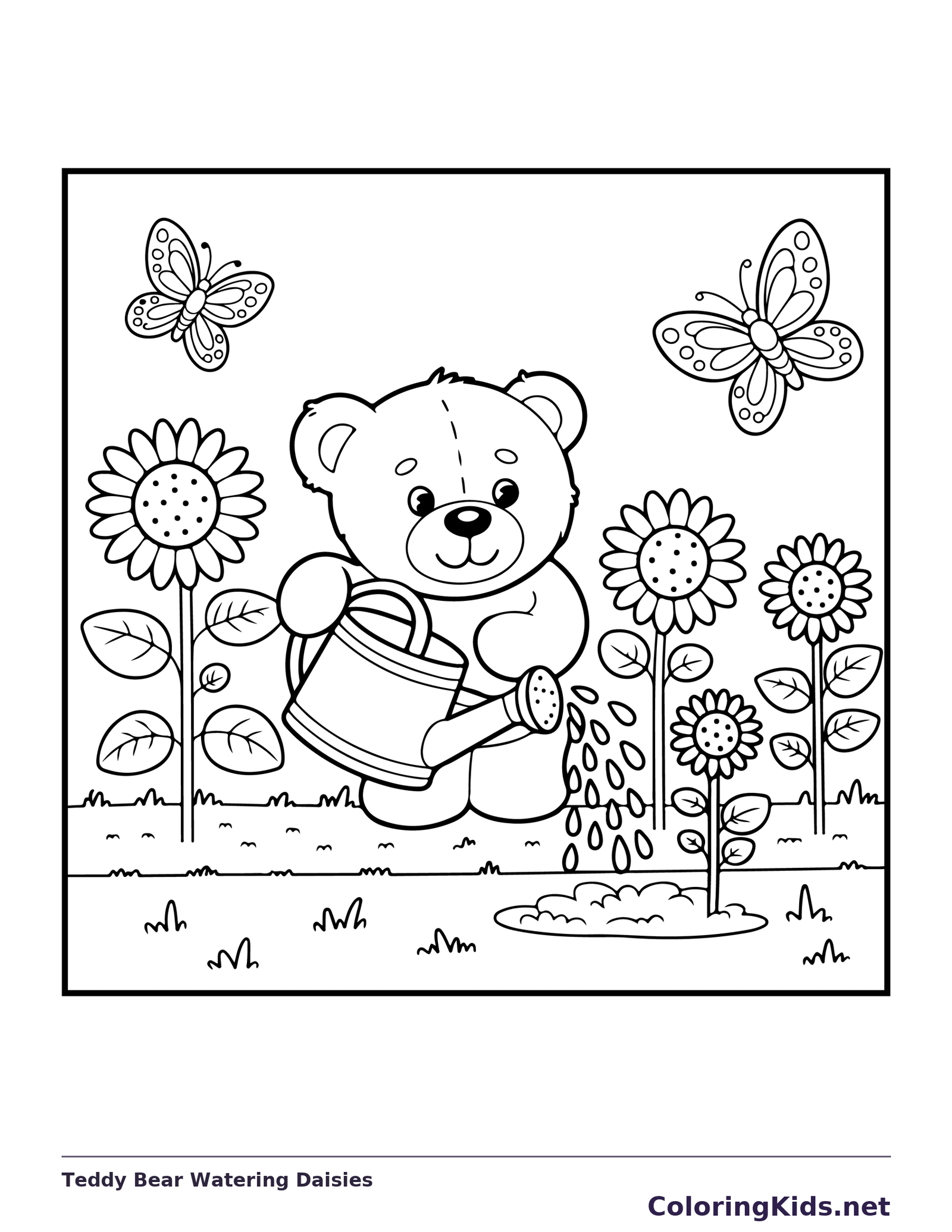 Teddy bear watering daisies in a flower garden with butterflies